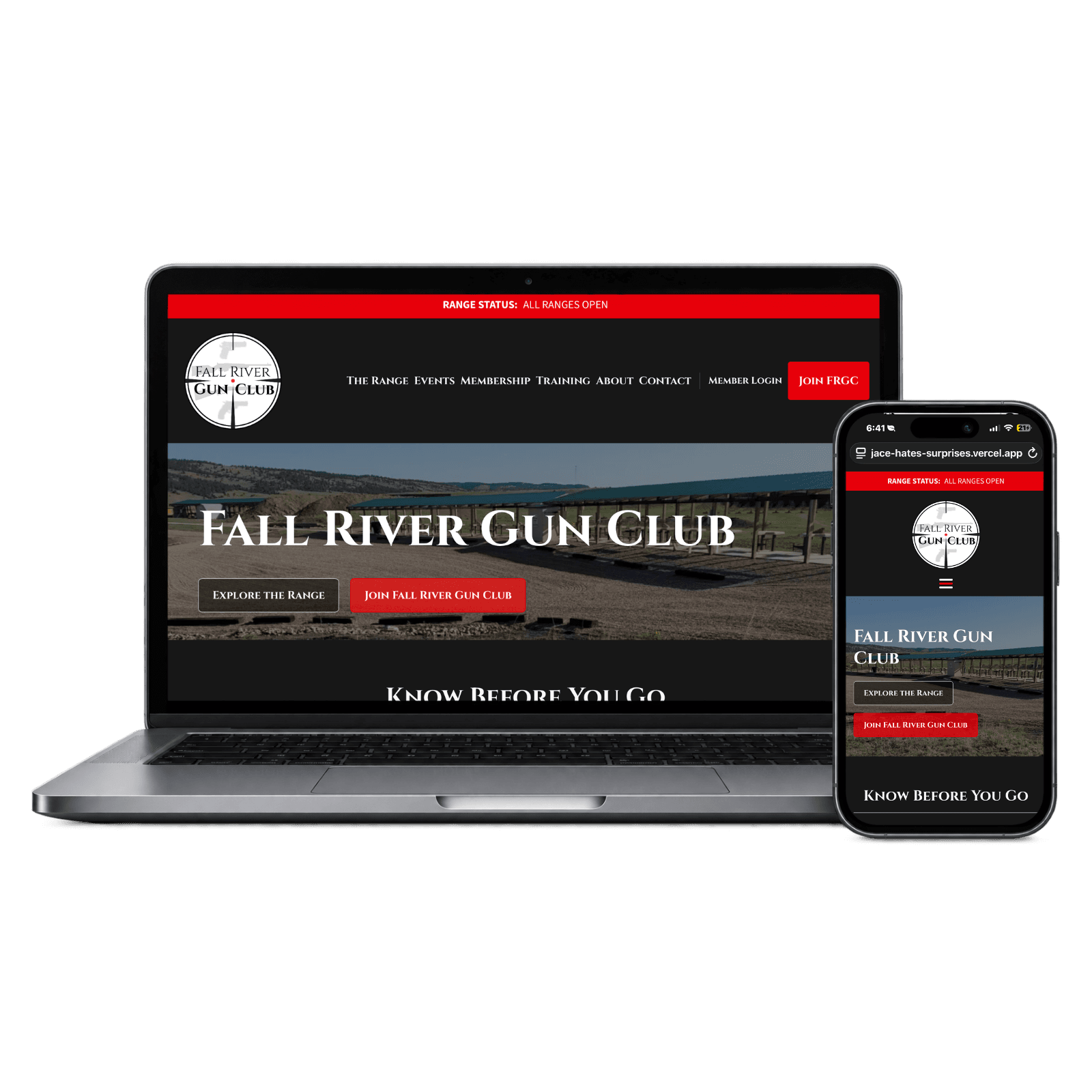 Fall River Gun Club website redesign shown on desktop and mobile